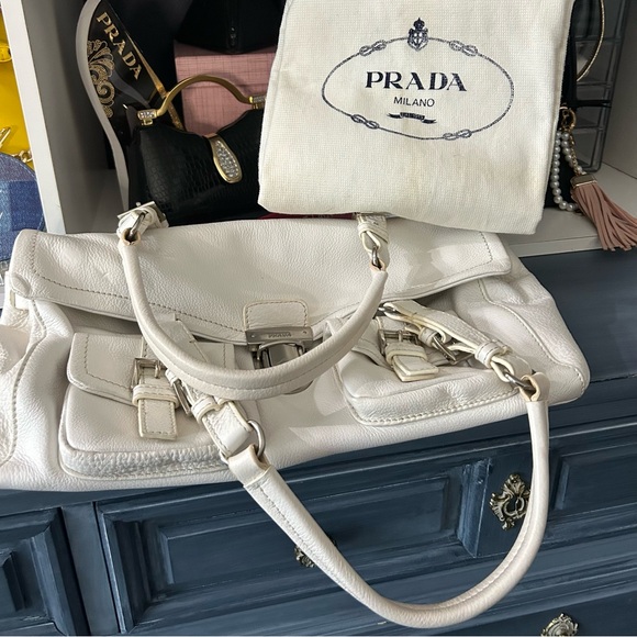 Prada Handbags - Prada Vitello Bag White Pebbled Leather Silver Hardware with Oversized Dust Bag